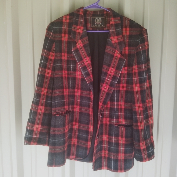 Women's Express Red & Black Wool Plaid Blazer Jacket Size Large Academia Preppy - Picture 2 of 4